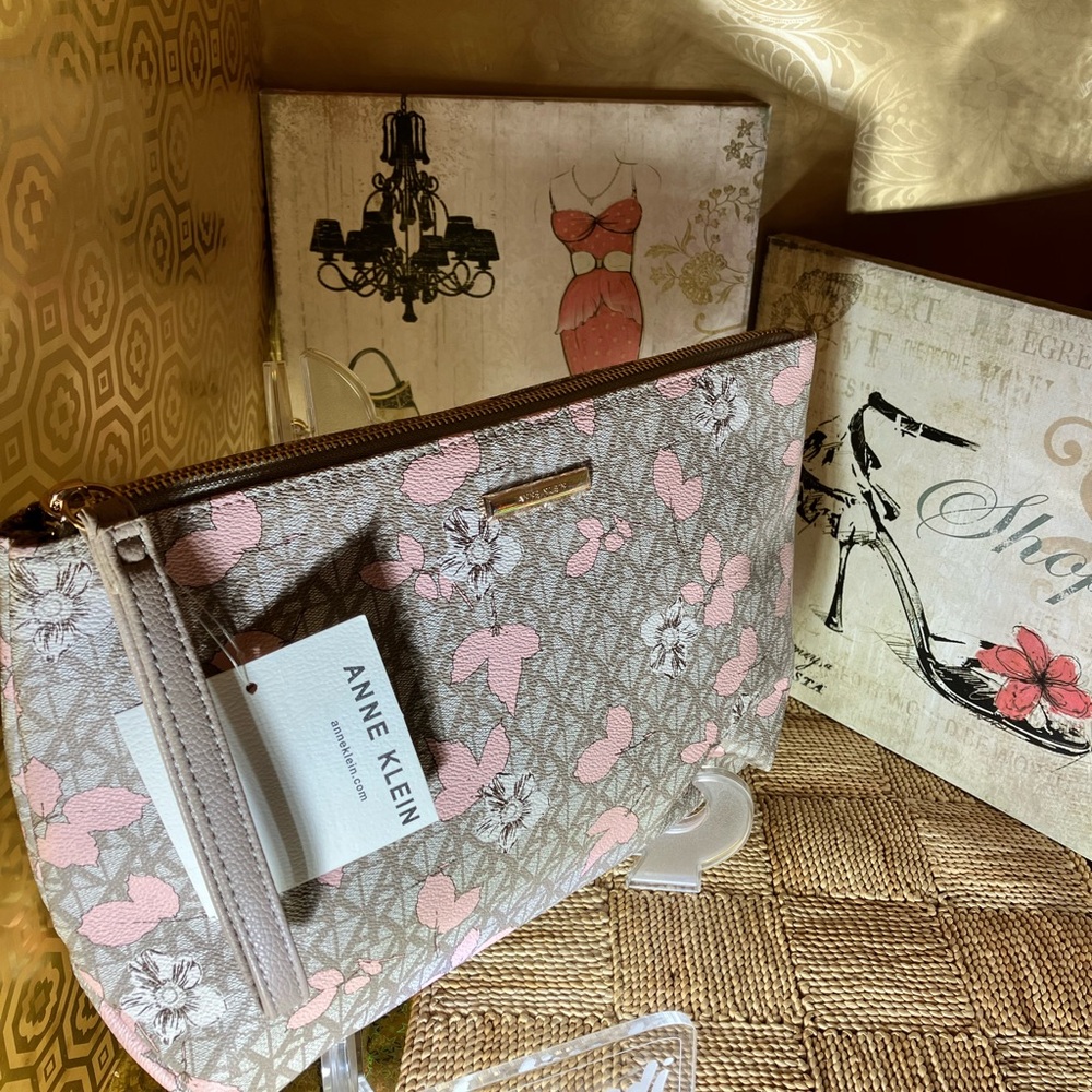 Anne Klein Pink and Gray Cosmetic Bags with Floral Design